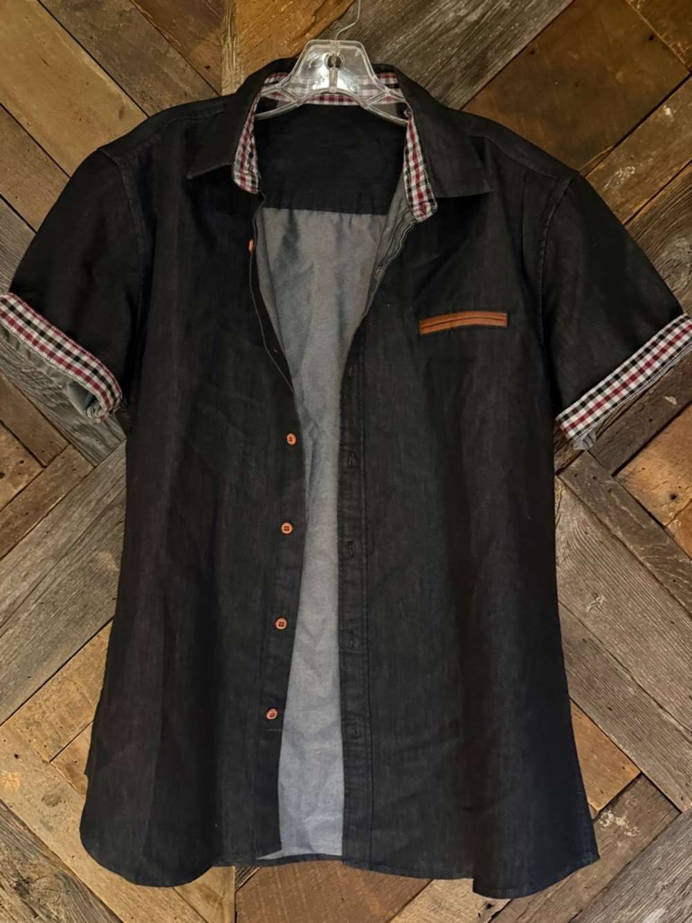 Men's Black Short-Sleeve Button-Down Shirt with Plaid Trim